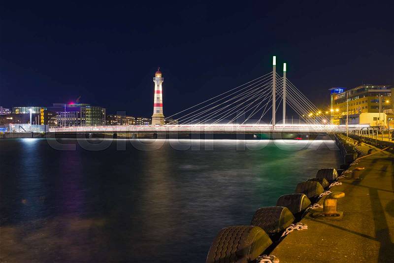 Lighthouse and bridge in night Malmo, stock photo