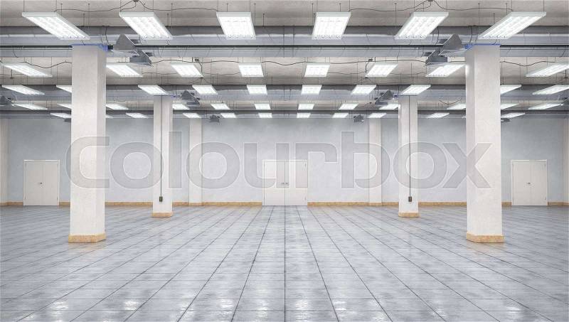 Empty hangar interior. 3d illustration, stock photo