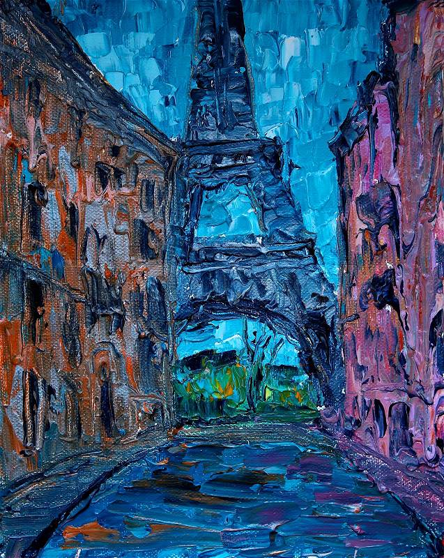 Art painting of Paris street with Eiffel Tower, stock photo