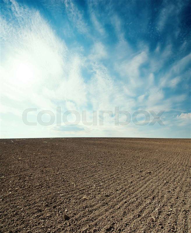 Plowed agriculture field and sunset in blue sky with clouds, stock photo