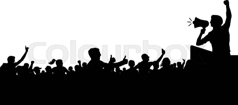 Crowd of people silhouette vector. Anonymous heads. Speaker, loudspeaker, orator, spokesman. Applause of a cheerful people mob. Sports fans. Demonstration, protest. ..., vector