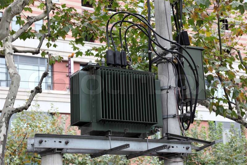 High voltage transformer in the city, stock photo