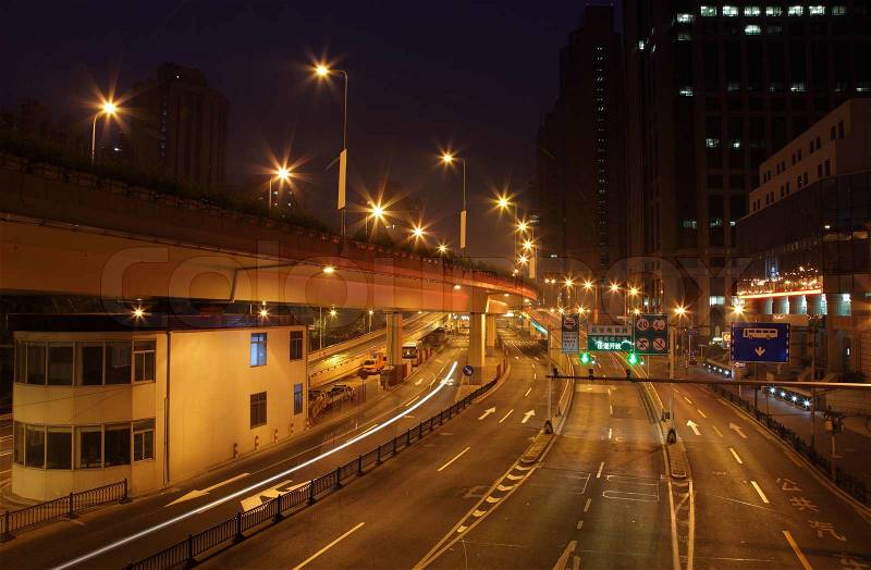 At night illuminated street in Shanghai, China, stock photo