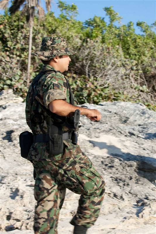 Mexican soldiers are checking coastline of boarder, stock photo