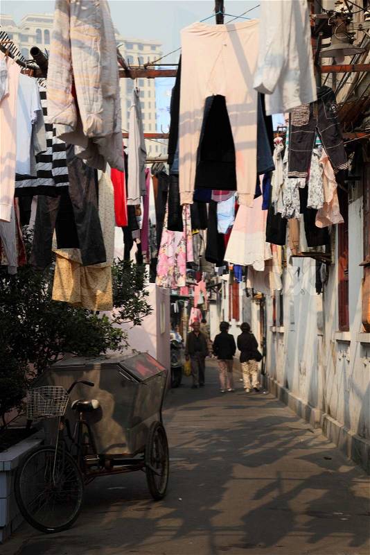 Narrow street in the old town of Shanghai, China Photo taken at 19th of November 2010, stock photo