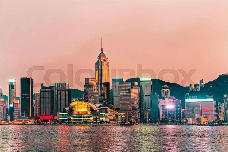 Skyline and Victoria Harbor, Hong Kong. View from Kowloon on HK Island, stock photo