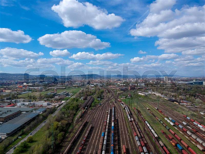 Aerial view of colorful trains on a station, stock photo