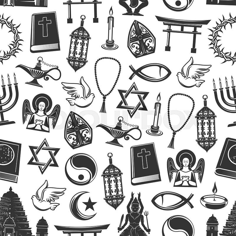 World religion symbols vector seamless pattern. Christianity and Judaism, Islam and Buddhism. Bible and angel, rosary and dove, lantern and crescent, David star and ..., vector