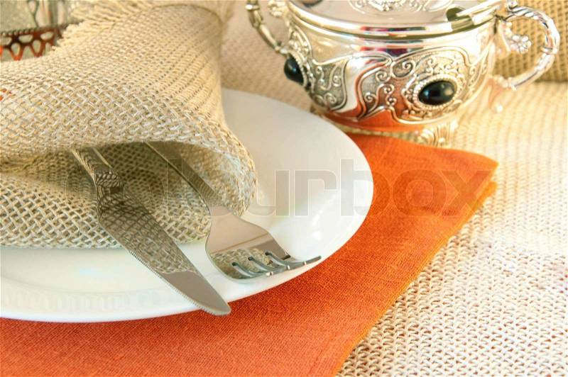 Table layout by table silver and natural flowers, stock photo