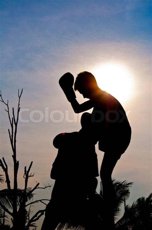 Silhouette of boy boxer in the field, stock photo