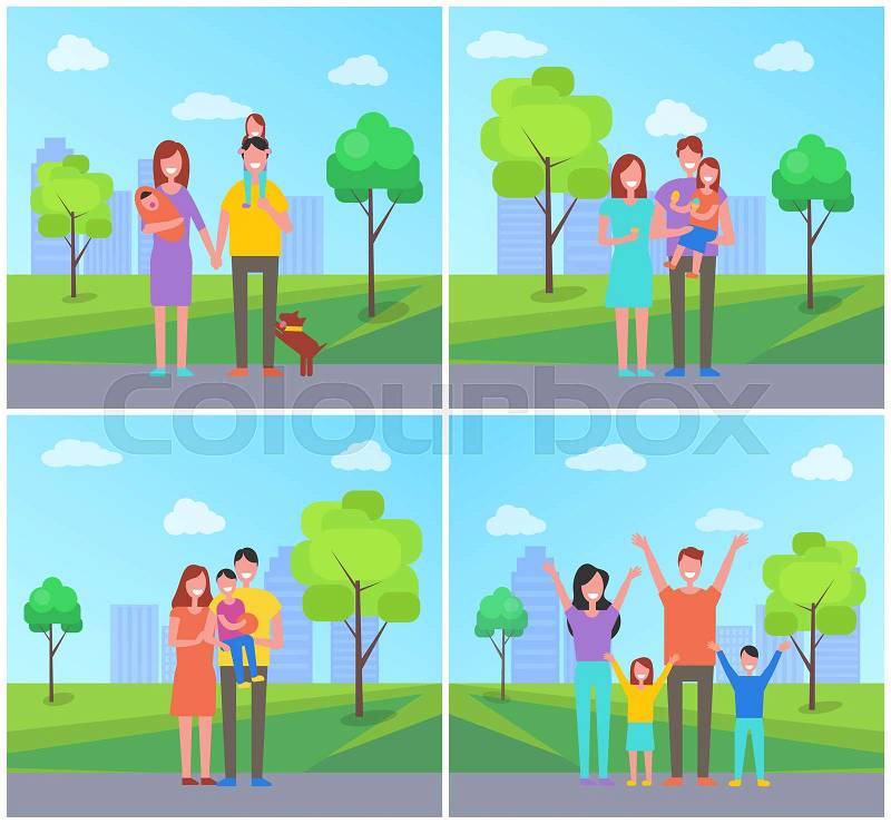 Family in city park set people vector. Parenting and childhood, father with daughter, eating ice cream dessert. Mother holding newborn child on hands, vector