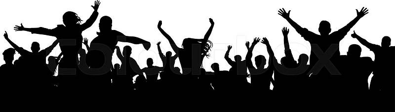 Cheerful people having fun celebrating. Crowd of fun people on concert, party, holiday. Applause people hands up. Cheer audience. Silhouette Vector Illustration, vector