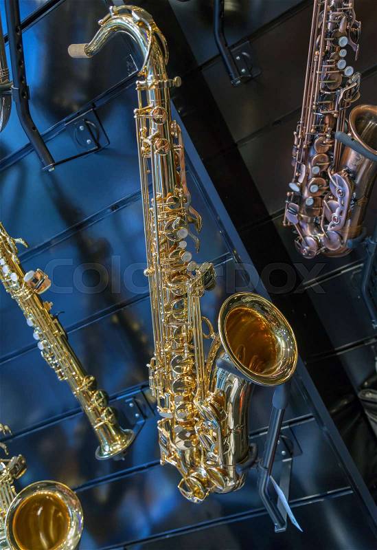 American jazz saxophone background, stock photo