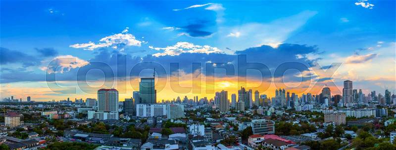 City scape of Bangkok city at sunset with beautiful sky and cloud. Business district center. Asia travel location. Picture for add text message. Backdrop for design ..., stock photo