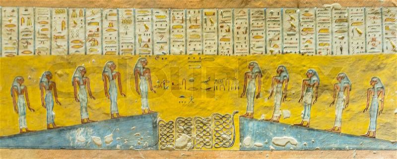 Ancient mural of ten girls in the interior of the tomb KV 2 Ramses IV in the valley of the kings, Luxor, Egypt, October 21, 2018, stock photo