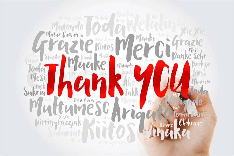 Thank You Word Cloud in all languages with marker, concept background, stock photo