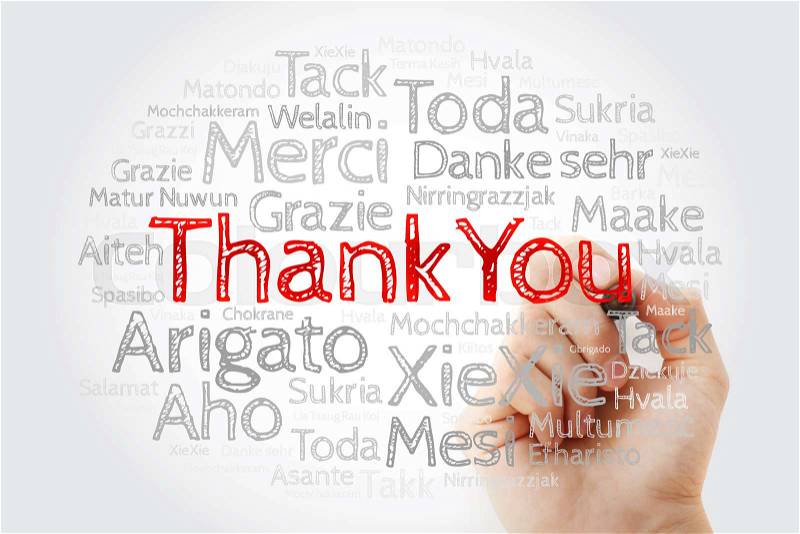 Thank You Word Cloud in all languages with marker, concept background, stock photo