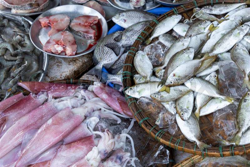 Fresh fish at local traditional market in Hue, Vietnam, stock photo