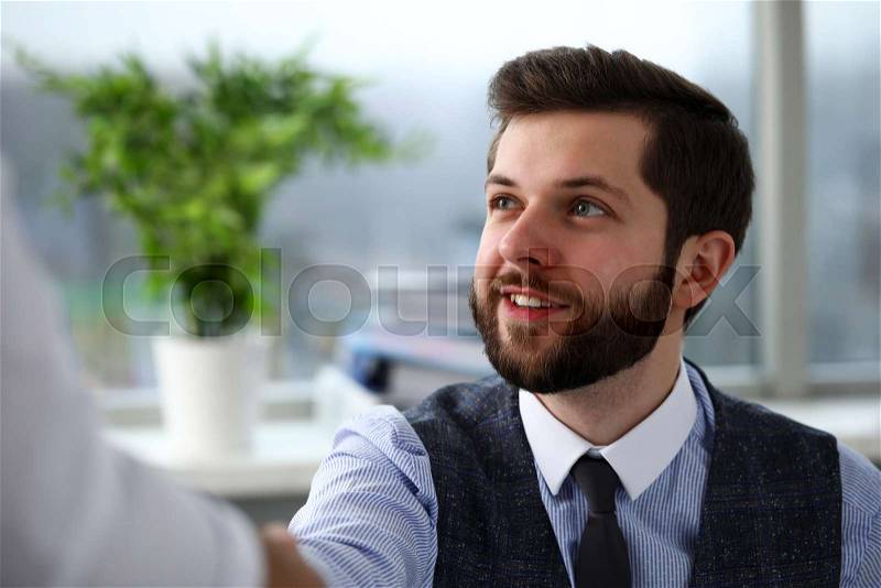 Man in suit and tie give hand as hello in office portrait. Friend welcome mediation offer positive introduction thanks gesture summit executive approval motivation ..., stock photo