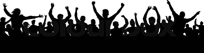 Cheerful people having fun celebrating. Cheers joy of victory. Group of friends, youth. Crowd of fun people on party, holiday. Applause people hands up. Silhouette ..., vector