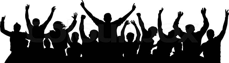 Crowd of fun people on party, holiday. Cheerful people having fun celebrating. Applause people hands up. Holiday victory. Cheer people sport fan. Detached crowd. ..., vector