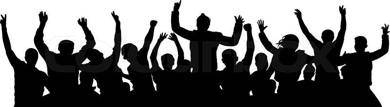Crowd of fun people on party, holiday. Cheerful people having fun celebrating. Applause people hands up. Holiday victory. Cheer people sport fan. Silhouette Vector ..., vector