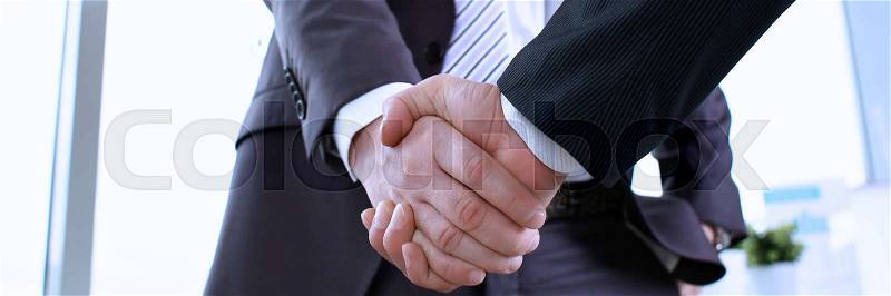 Man in suit shake hand as hello in office closeup. Friend welcome mediation offer positive introduction greet or thanks gesture summit participate approval ..., stock photo