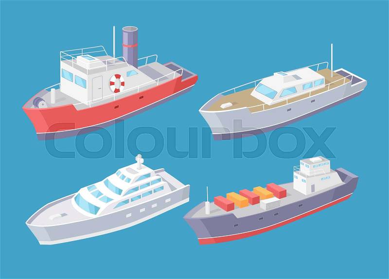 Water transport, transporting cargo in boxes, shipment and delivery of goods by sea set vector. Ferry and yacht for people passengers and voyagers, vector