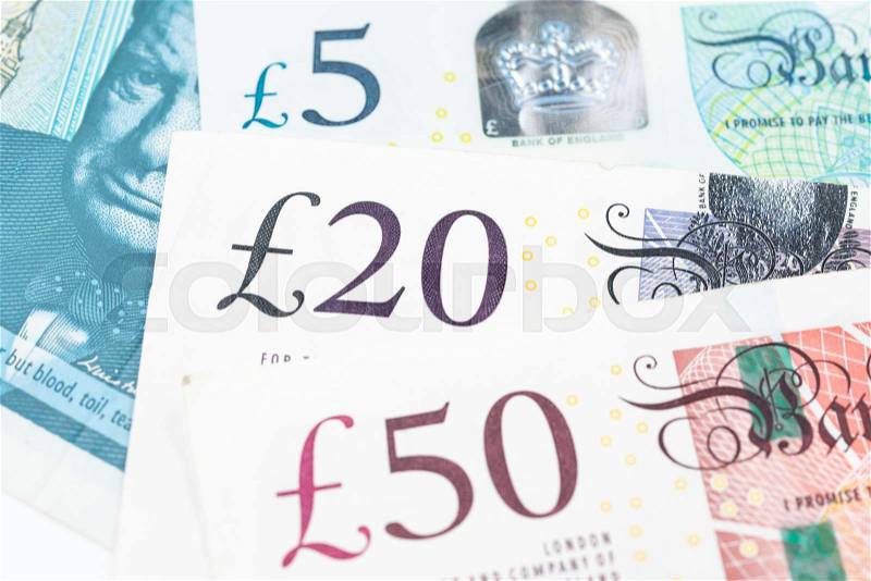 Close-up of 5, 20 and 50 pound sterling England currency banknotes, Brexit, UK United Kingdom economics, saving, financial or investment with Europe, business profit ..., stock photo