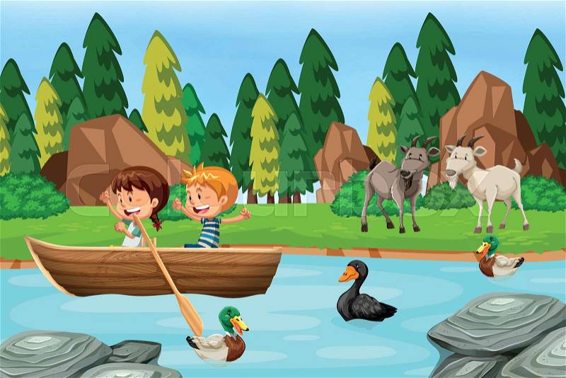 Woods scene with children and animals illustration, vector