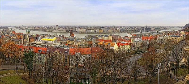 Panorama of Budapest city, Hungary. View to Danube river and famous building of Hungarian National Parliament, stock photo