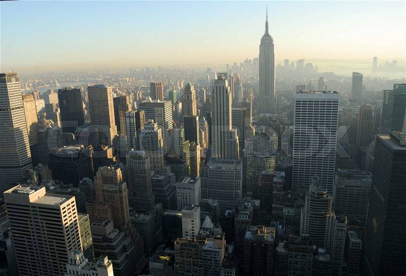 Aerial view over Midtown of Manhattan, New York City, stock photo