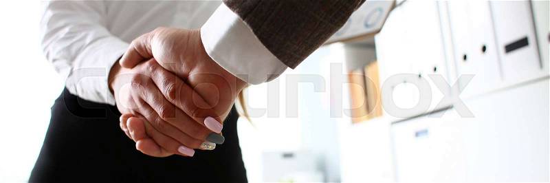 Man in suit and tie give hand as hello in office closeup. Friend welcome mediation offer positive introduction thanks gesture summit participate executive approval ..., stock photo