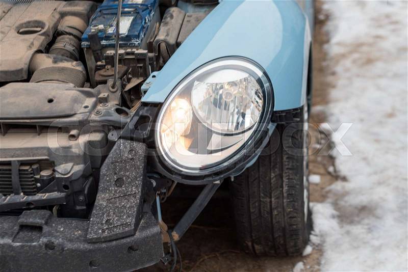Close up of a crashed car. Auto crash, wreck with damage injury. Street, traffic collision. Broken metal. Automobile insurance, safety, repair and transportation. ..., stock photo