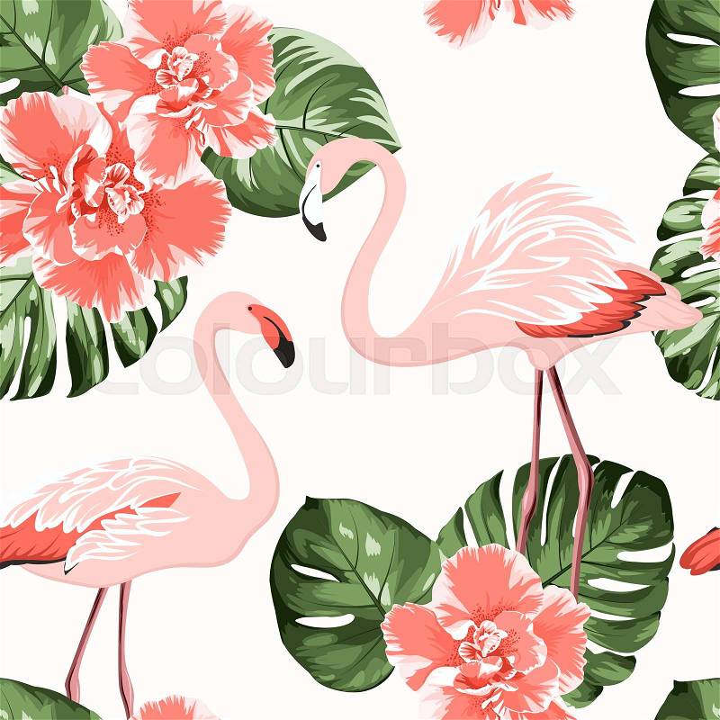 Bright crimson camelia flowers, exotic pink flamingo birds, tropical monstera philodendron green leaves. Trendy seamless pattern on white background, vector