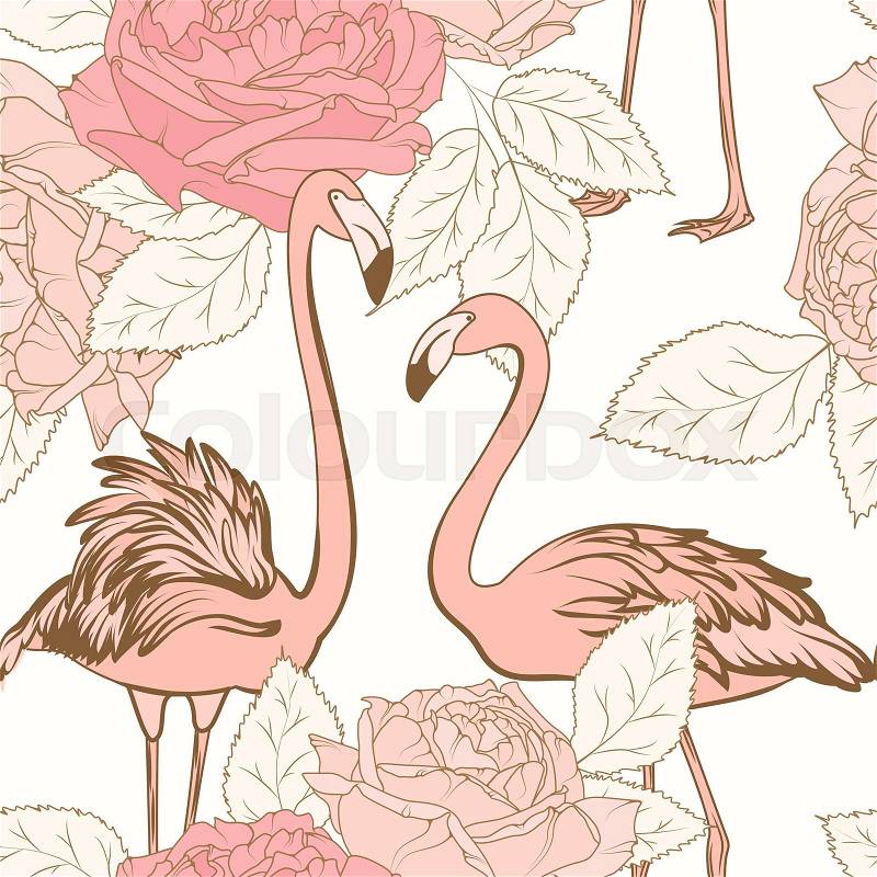 Beautiful pink rose flowers pink flamingo birds seamless pattern. Love couple. Blooming floral elements with leaves. White background. Fashion wallpaper backdrop. ..., vector
