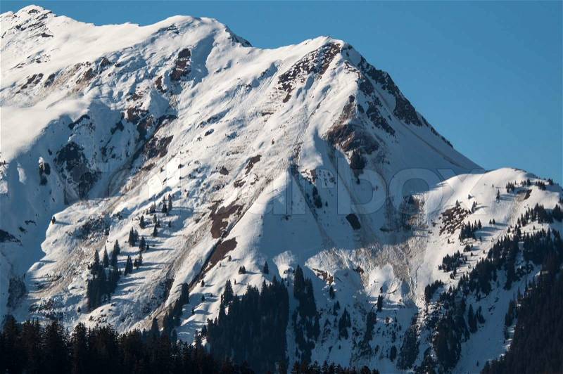 Landslide and avalanches in skiing mountains in early spring in Montafon, Austria, stock photo