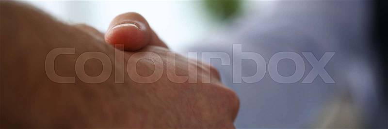 Man in suit and tie give hand as hello in office closeup. Friend welcome mediation offer positive introduction thanks gesture summit executive approval motivation ..., stock photo