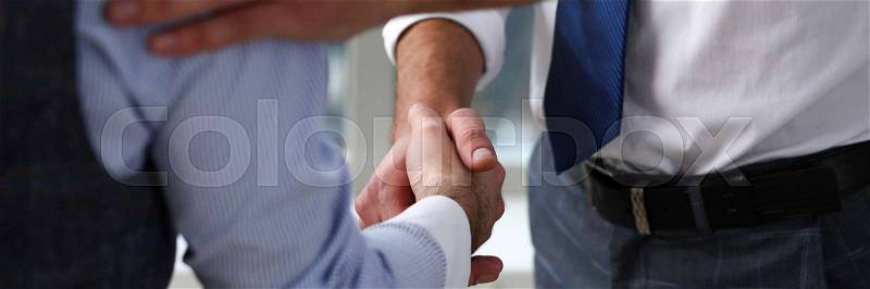 Man in suit and tie give hand as hello in office closeup. Friend welcome mediation offer positive introduction thanks gesture summit executive approval motivation ..., stock photo