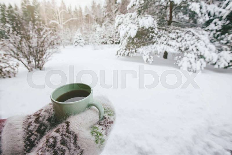 POV photo of mug with hot tea in human hand in mittens over snowy forest some winter morning, stock photo