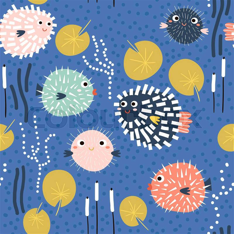 Seamless childish pattern with funny fish hedgehogs.Creative under sea summer texture for fabric, wrapping, textile, wallpaper, apparel. illustration, stock photo