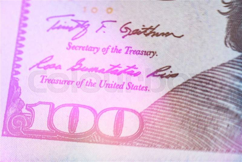 Macro Light toning close up of Ben Franklin\'s face on the US 100 dollar bill, stock photo