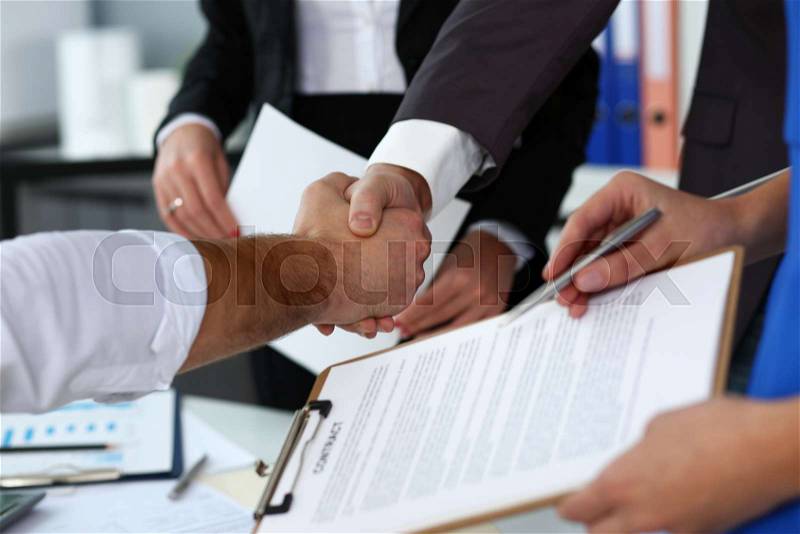 Man in suit and tie give hand as hello in office closeup. Friend welcome mediation offer positive introduction thanks gesture summit participate executive approval ..., stock photo