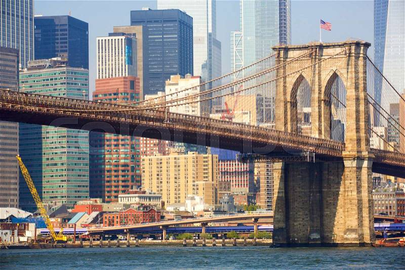 Brooklyn bridge and Manhattan skyline in New York, stock photo