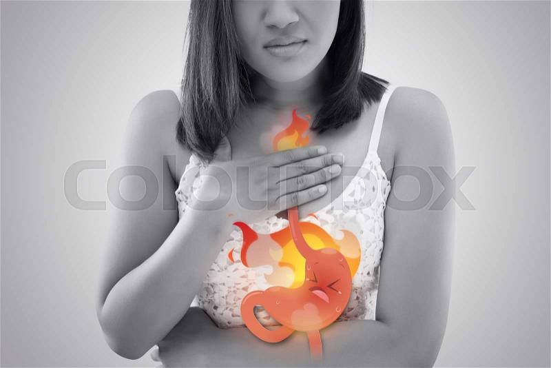 The Photo Of Cartoon Stomach On Woman\'s Body Against White Background, Acid Reflux Disease Symptoms Or Heartburn, Concept With Healthcare And Medicine, stock photo