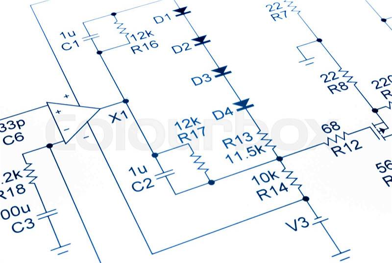 Electronic circuit diagram in blue. Our own design, no copyright issues. Concepts of complexity, problem solving, solutions, technology and directions. Shallow DOF, ..., stock photo