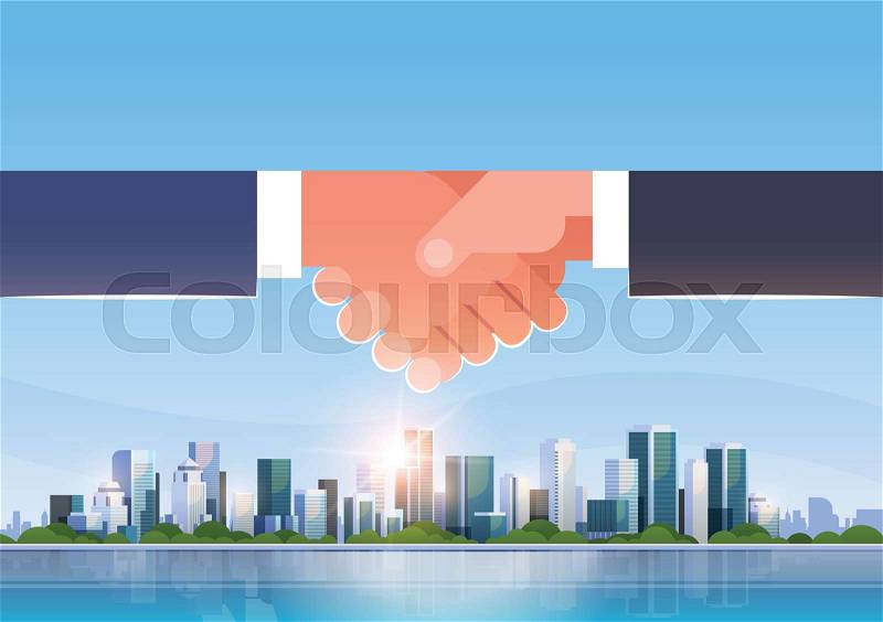 Hand shake icon business handshake partnership agreement concept successful cooperation over big modern city skyscraper cityscape skyline flat horizontal vector ..., vector