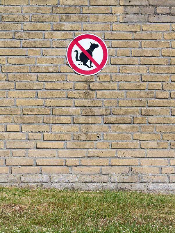 No dog poop sign, hanging on a brick wall, stock photo