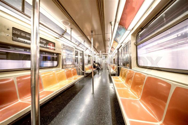 Interior of New York City subway train, wide angle view, stock photo