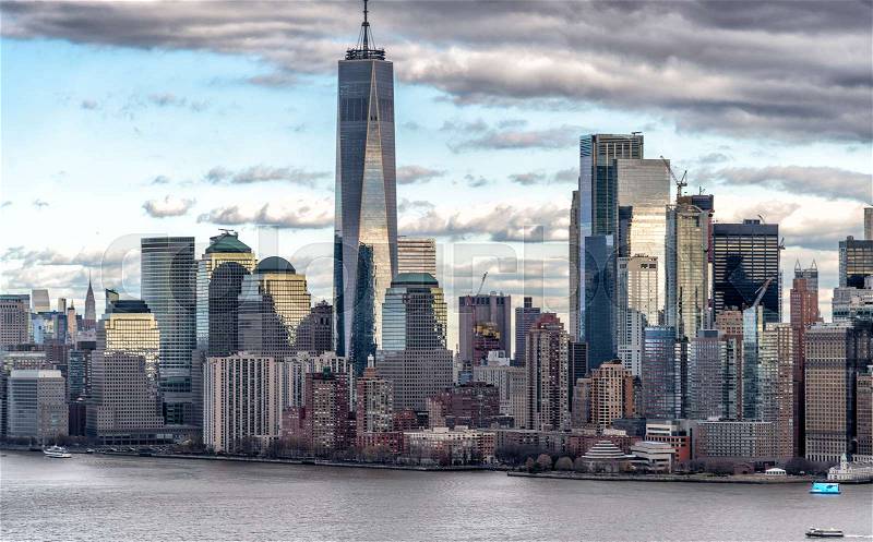 Lower Manhattan as seen from the helicopter on a cloudy day, New York City, stock photo